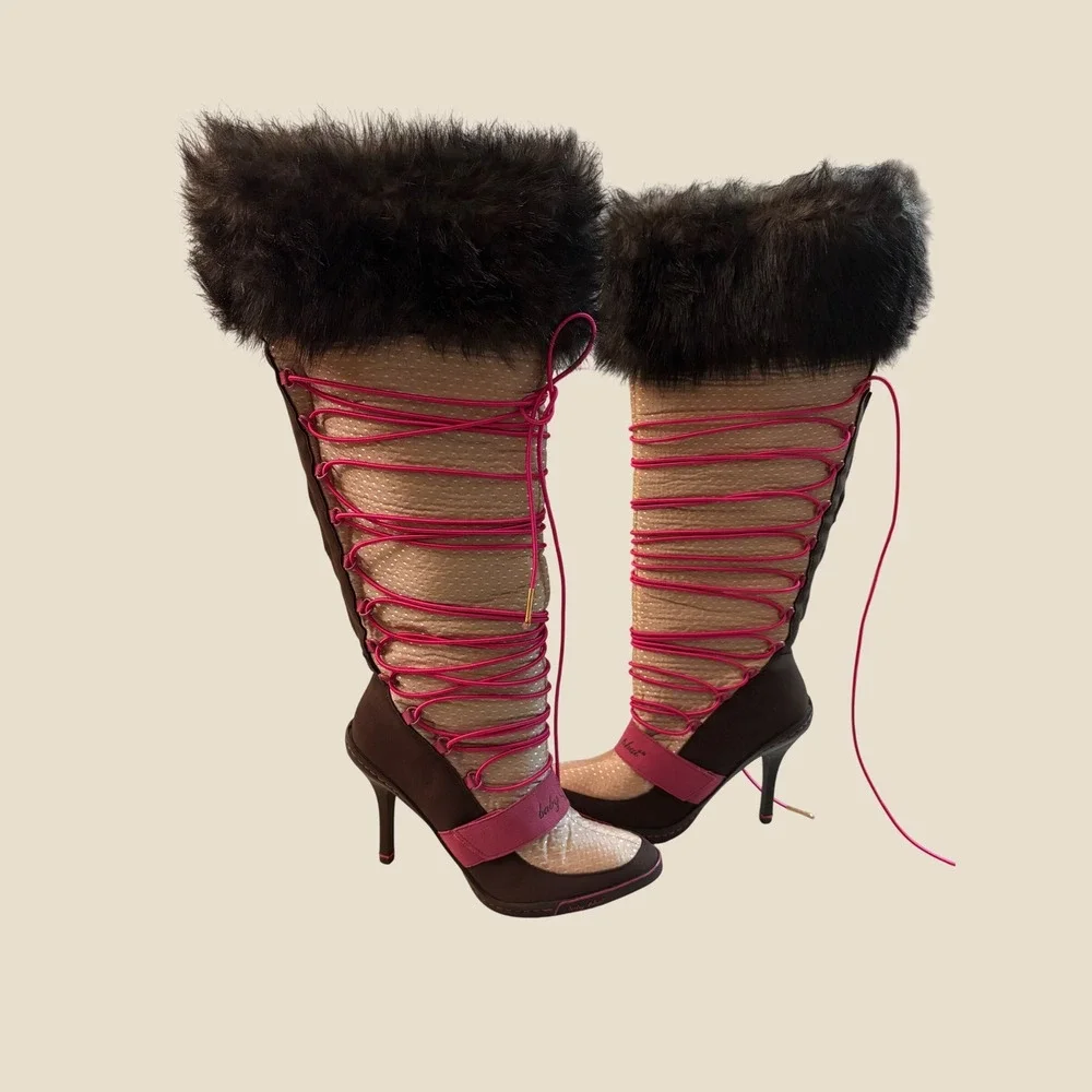 Y2K Rare Baby Phat Grail Faux Fur Stiletto Boots Pink Lace Up Knee High Vintage